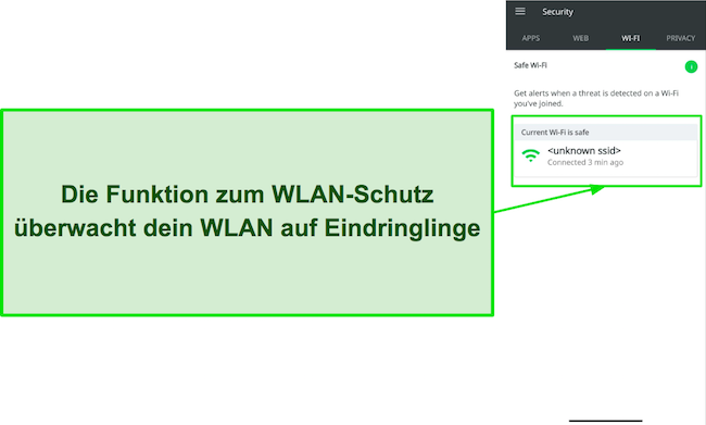 Screenshot von Lookout Security, der das aktuelle WLAN-Netzwerk als sicher zeigt