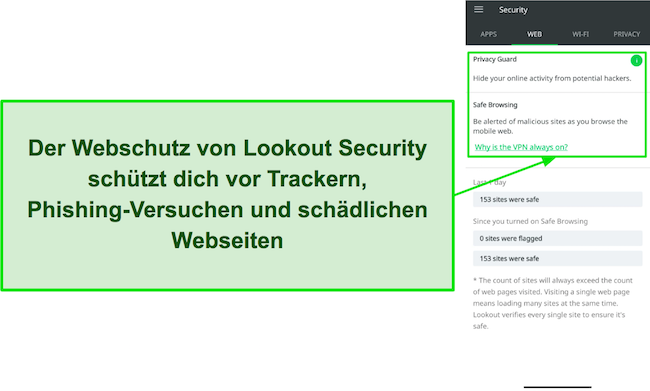 Screenshot mit den Sicherheitsfunktionen, die der Webschutz von Lookout Security bietet