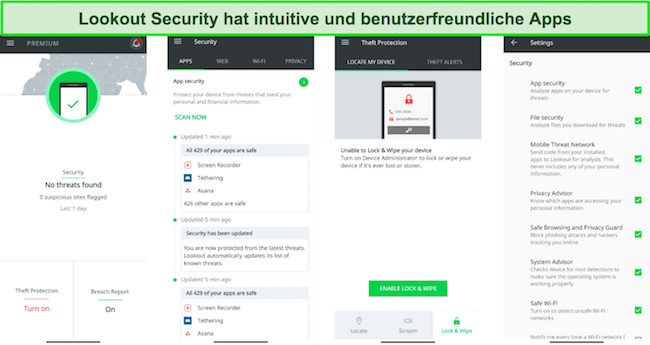 Screenshot, der die intuitive Benutzeroberfläche der mobilen App von Lookout Security zeigt