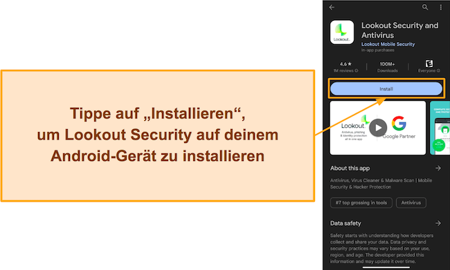 Screenshot, der zeigt, wie Lookout Security aus dem Google Play Store installiert wird