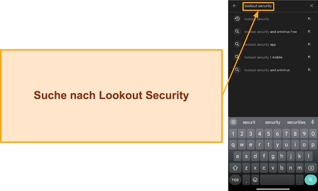 Screenshot, der zeigt, wie man im Google Play Store nach Lookout Security sucht
