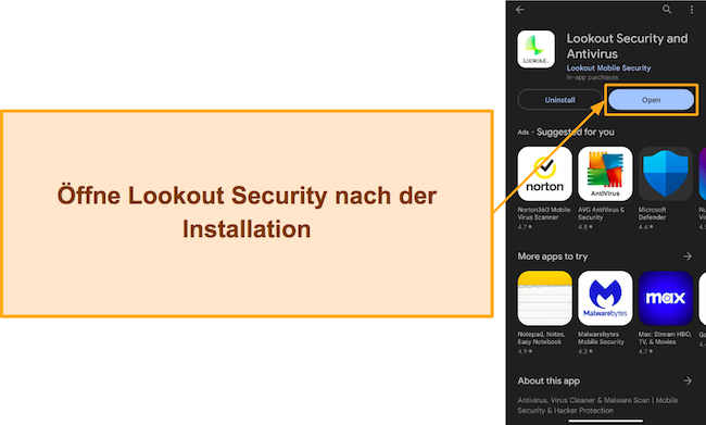 Screenshot, der zeigt, wie Lookout Security nach der Installation geöffnet wird