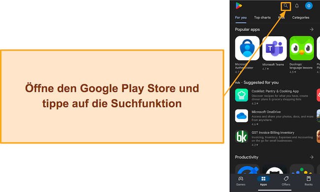 Screenshot, der die Verwendung der Suchfunktion im Google Play Store zeigt