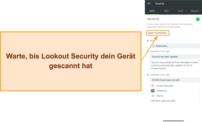 Screenshot, der die Virenprüfung der Android-App von Lookout Security zeigt
