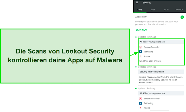 Screenshot, der das Ergebnis des Virenscans von Lookout Security zeigt