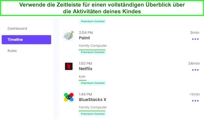 Screenshot der Qustodio-Timeline