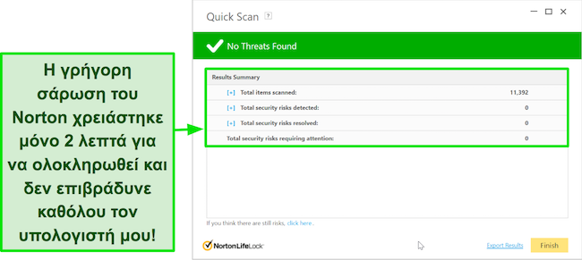 Στιγμιότυπο οθόνης της οθόνης αποτελεσμάτων γρήγορης σάρωσης του Norton