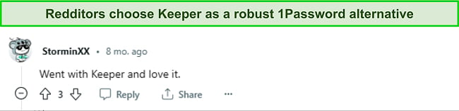 Keeper, a 1Password Alternative according to Reddit