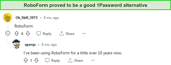 RoboForm, a 1Password Alternative according to Reddit