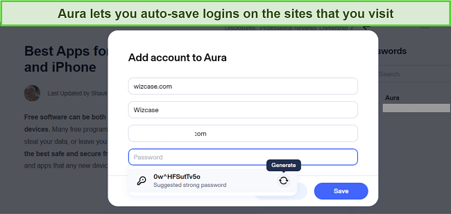 Screenshot of Aura's password manager auto-save option
