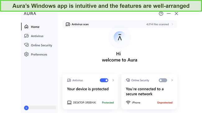 Screenshot of Aura's desktop app interface