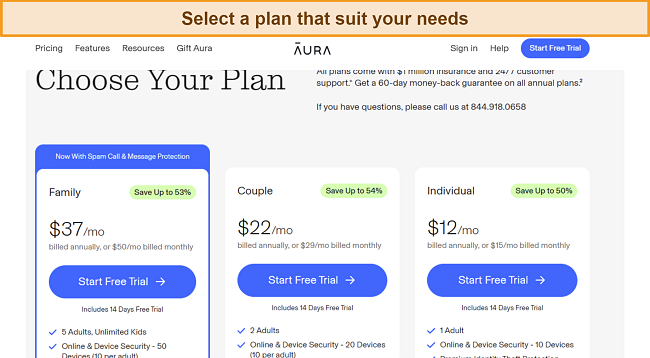 Screenshot of Aura's pricing options
