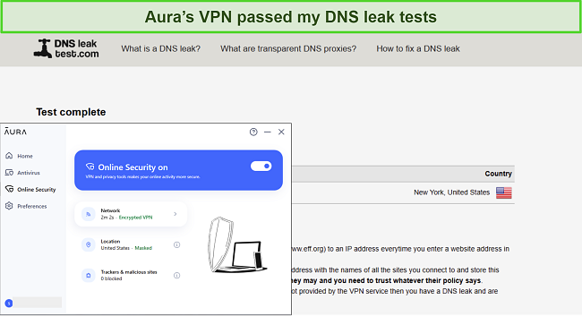 Screenshot of Aura's VPN passing DNS leak tests