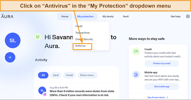 Screenshot of Aura's online dashboard showing antivirus protection option