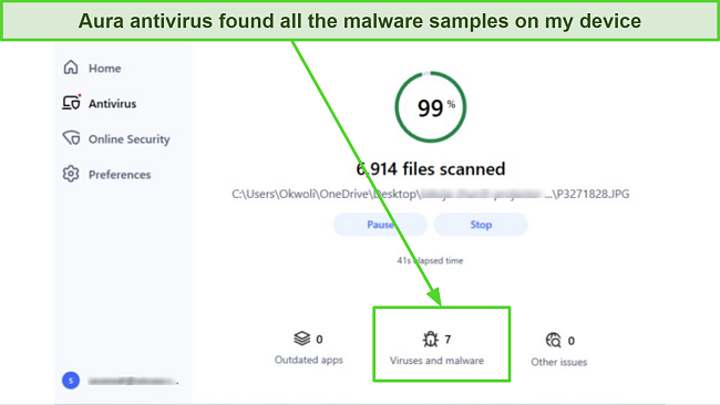 Screenshot of Aura malware scan results