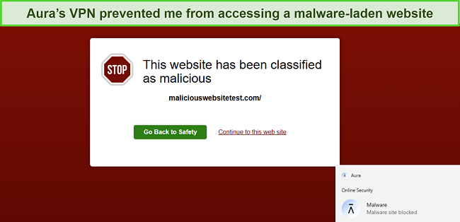 Screenshot of Aura's VPN blocking malicious website