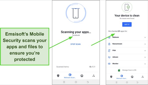 Screenshot of Emsisoft Mobile Security scan results