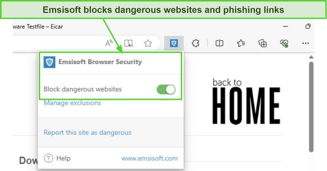 Screenshot of Emsisoft Browser Security extension