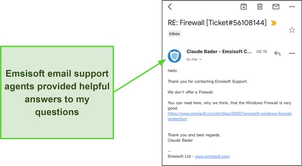 Screenshot of Emsisoft email support response