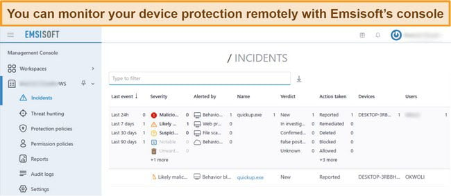 Screenshot of Emsisoft's remote management dashboard