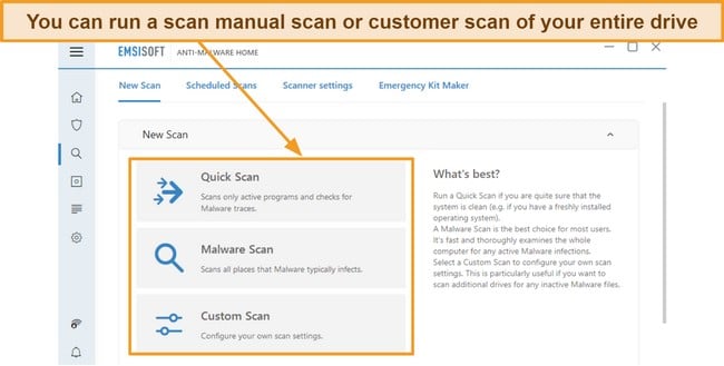 Screenshot of Emsisoft's scan options