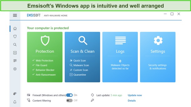 Screenshot of Emsisoft's Windows app interface