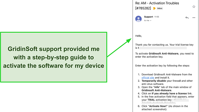 Screenshot of GridinSoft email support response