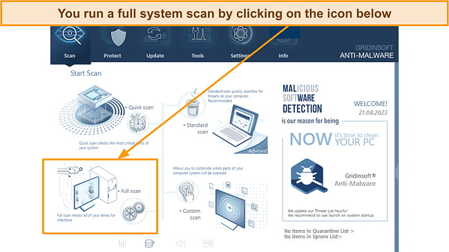 Screenshot of GridinSoft interface showing full scan button