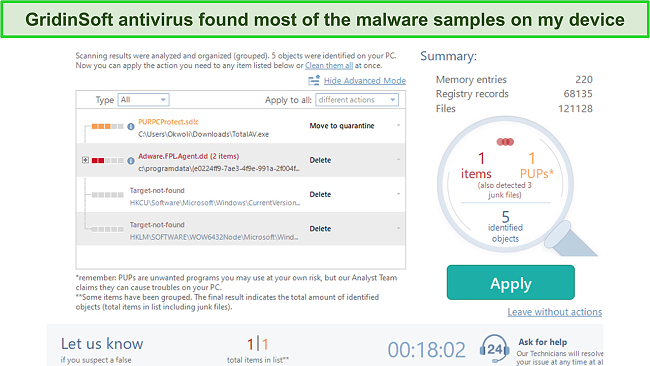 Screenshot of GridinSoft full scan results page