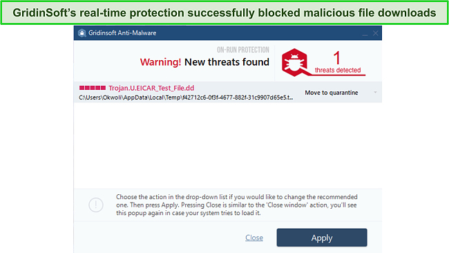 Screenshot of GridinSoft blocking malicious downloads