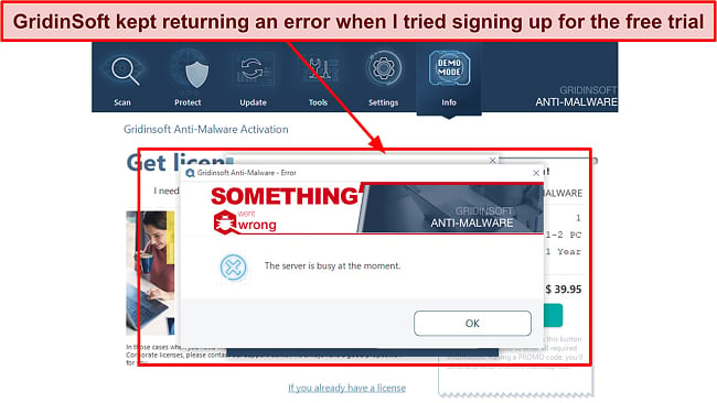 Screenshot of GridinSoft activation error message