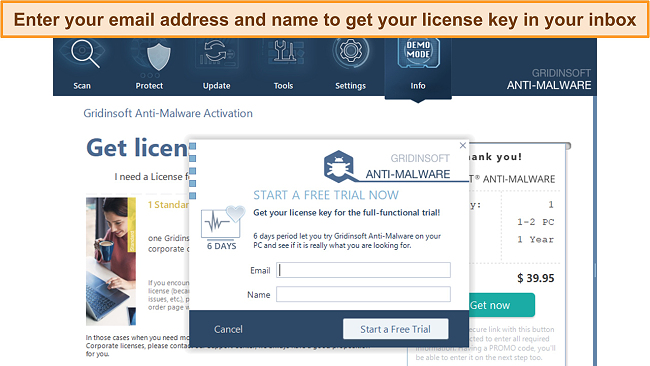 Screenshot of GridinSoft free trial activation page