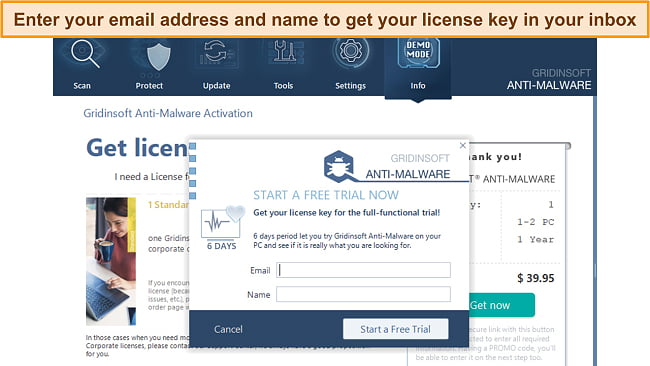 Screenshot of GridinSoft free trial activation page