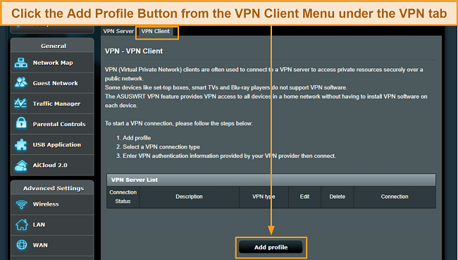  Screenshot of ASUS router's VPN Client page