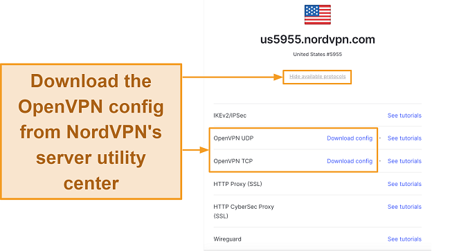 Screenshot of how to download NordVPN's OpenVPN config files from its server utility page
