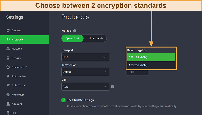 Screenshot of PIA's UI showing 128-bit and 256-bit encryption options