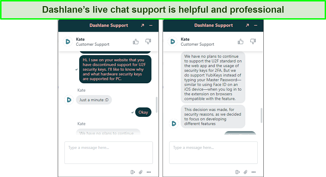 Screenshot of a conversation with Dashlane s live chat support