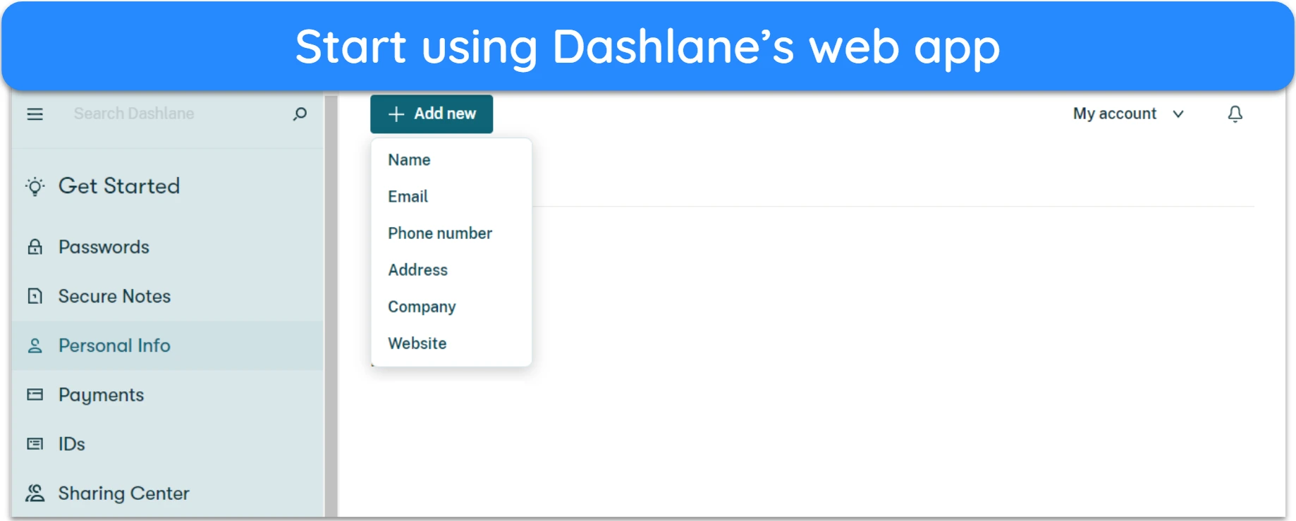 Screenshot of Dashlane's web app interface 'Personal Info' tab opened