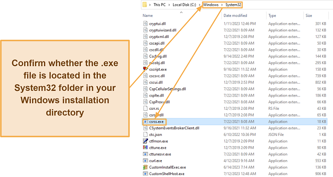 Screenshot of the csrss.exe files in the System32 folder of Windows' install directory