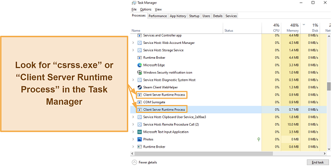 Screenshot of the csrss.exe process in Windows' task manager