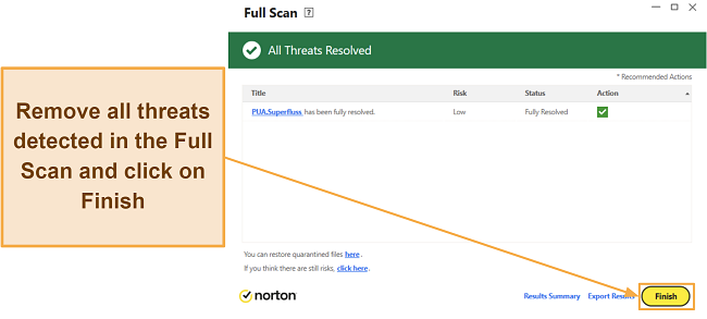 Screenshot showing how to finish Norton's full scan