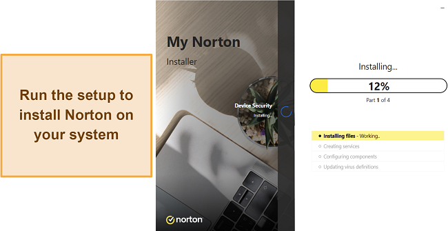 Screenshot showing Norton's installation in progress on Windows