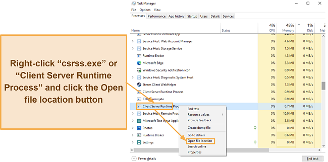 Screenshot showing how to open the location of the csrss.exe process using Windows' Task Manager