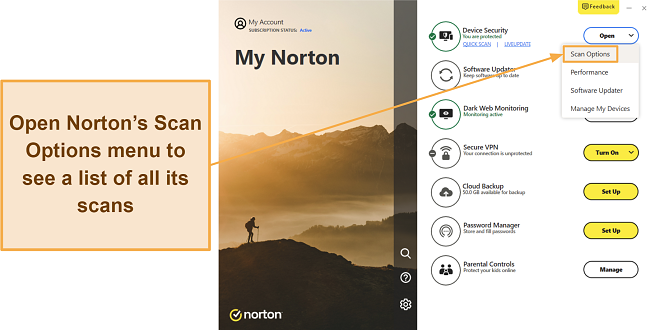 Screenshot showing how to access Norton's scan options