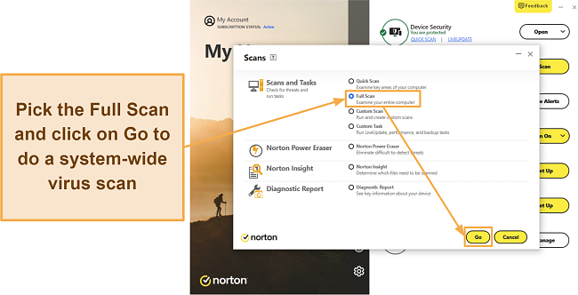Screenshot showing how to start Norton's full scan
