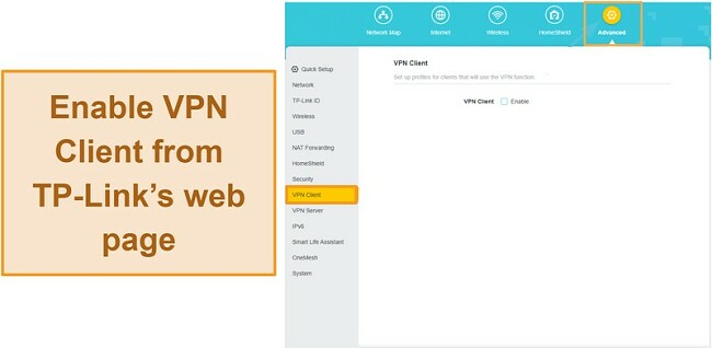 Screenshot of enabling VPN client from TP-Link router's control panel under the Advanced tab