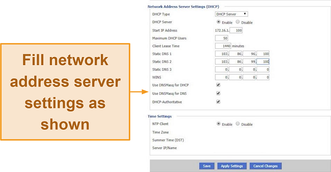 Screenshot of how to fill in the Network Address Server Settings (DHCP) section for setting up NordVPN on DD-WRT routers