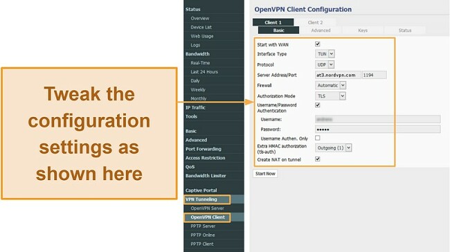 Screenshot of tweaking Tomato router's OpenVPN config settings to set up NordVPN