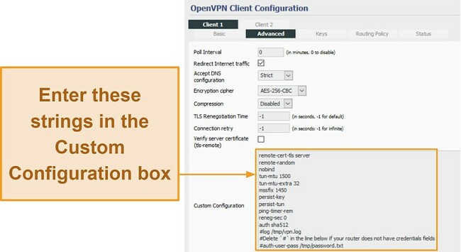 Screenshot of what to enter in the Custom Configuration box under the Advanced tab when configuring the OpenVPN client on a Tomato router