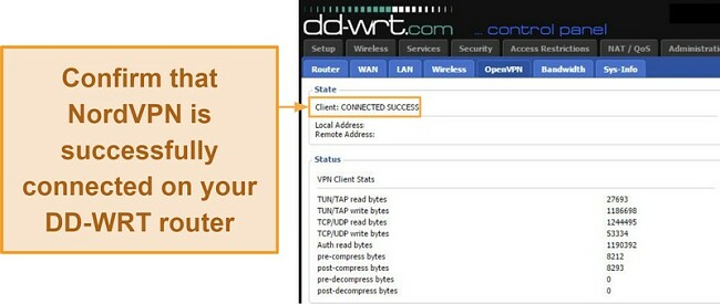 Screenshot of DD-WRT's administrative panel showing NordVPN successfully connected to the DD-WRT router